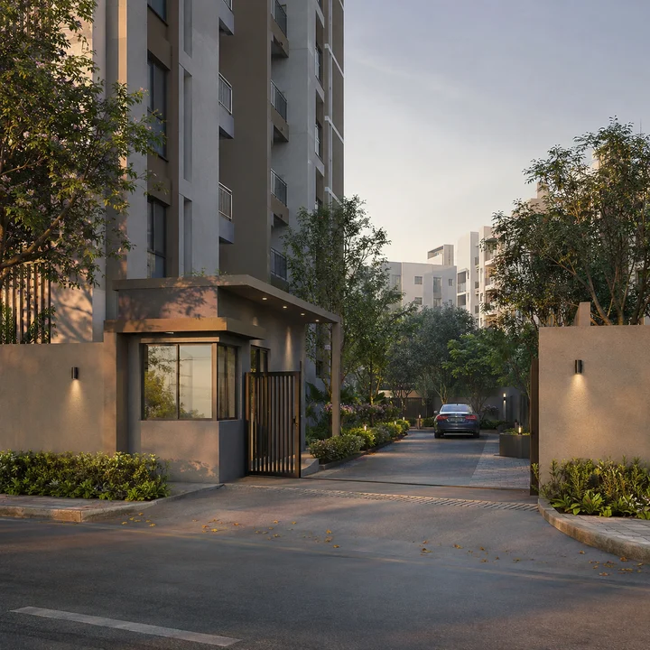 Urbanrise Gattahalli indicative gated vehicle entrance with a glazed guard cabin and planted driveway on the compact 4.20-acre parcel