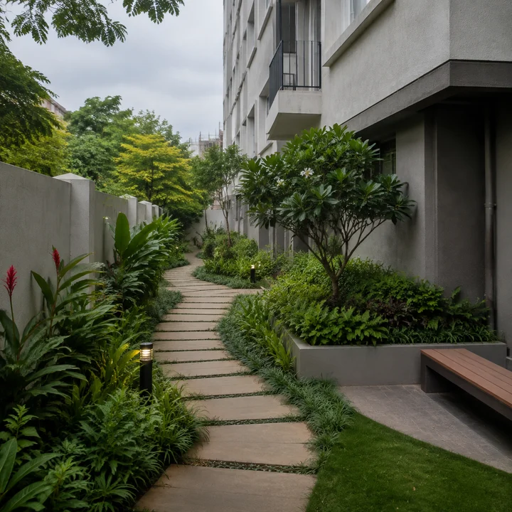 Urbanrise Gattahalli indicative side-setback garden with a stepping-stone path, layered planting and bollard lighting