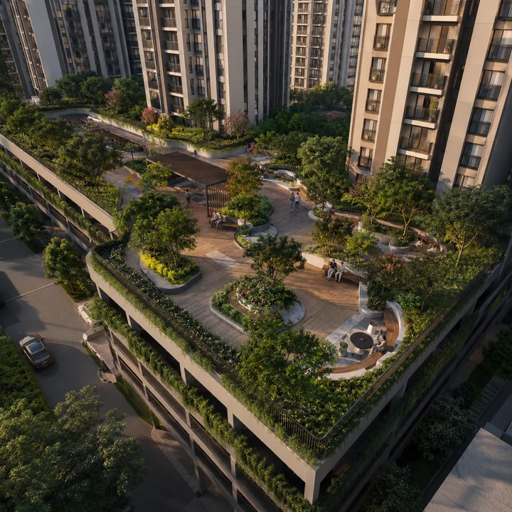 Urbanrise Gattahalli indicative landscaped podium deck with timber decking, seating pods, a pergola and a children's play area